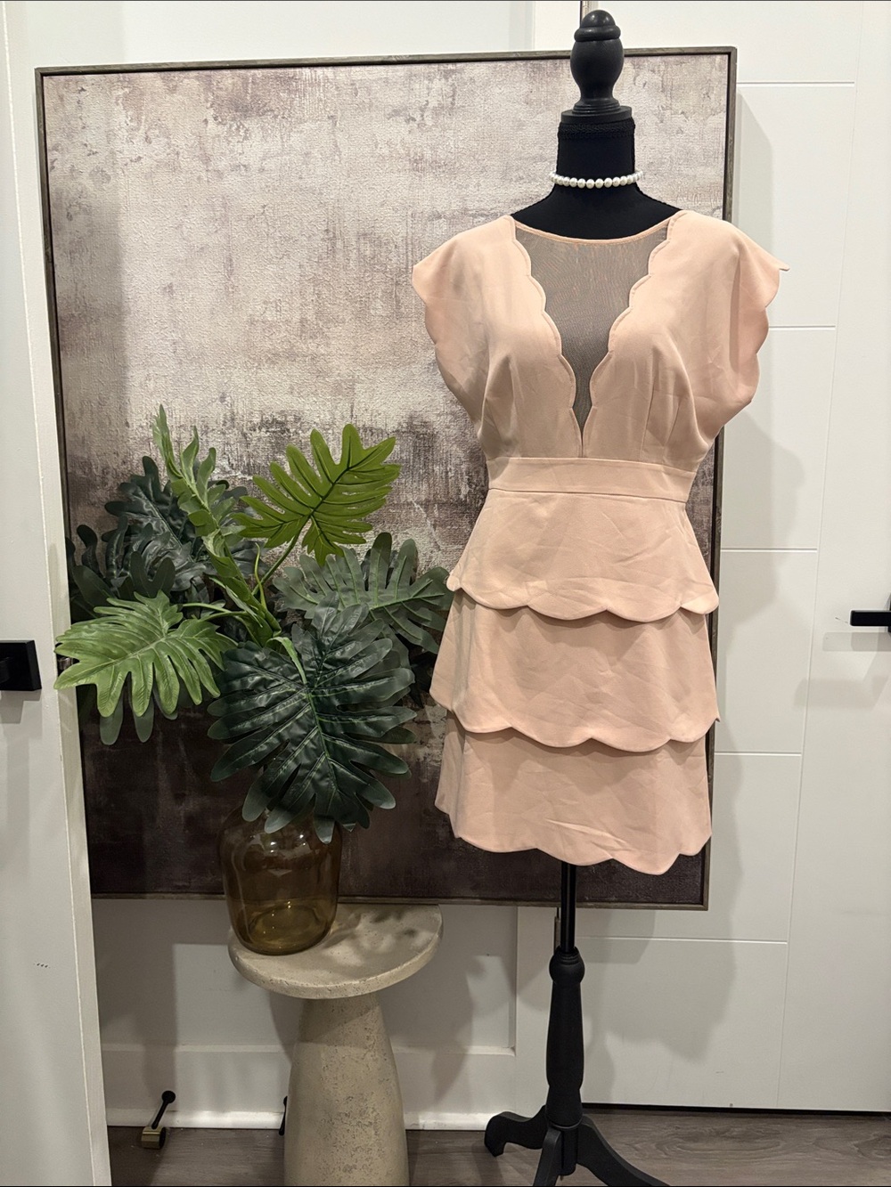 Scallop-Tier Mini Dress in Blush Pink with Sheer Yoke